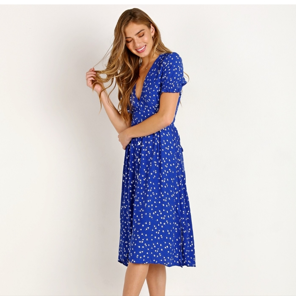 Faithfull The Brand Blue Floral Farrah Dress Size 2 XS